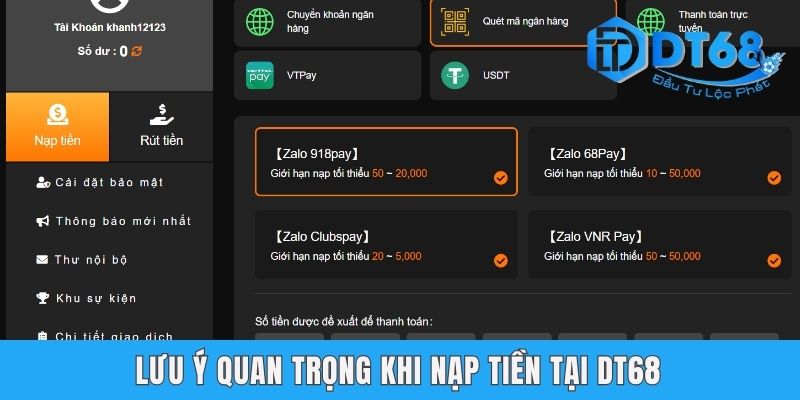 Lưu ý quan trọng khi nạp tiền tại DT68